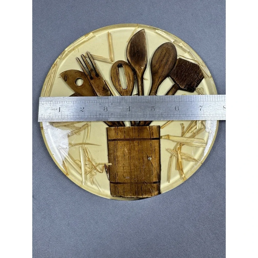 Vintage 1970's Kitchen Counter Hot Pad Wood Kitchen‎ Utensils Lucite 8